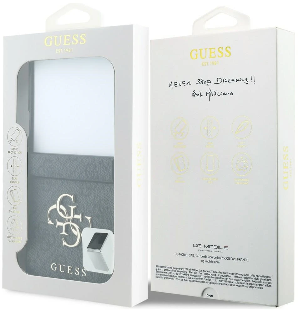 Guess PU 4G Metal Logo dėklas Samsung Galaxy Z Flip 8 pilkos spalvos