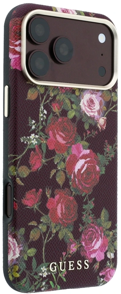 Dėklas Guess Blossom Roses Print MagSafe do iPhone 18 Pro Max / 17 Pro Max bordo spalvos
