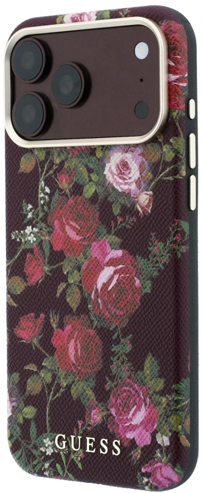 Dėklas Guess Blossom Roses Print MagSafe do iPhone 18 Pro Max / 17 Pro Max bordo spalvos