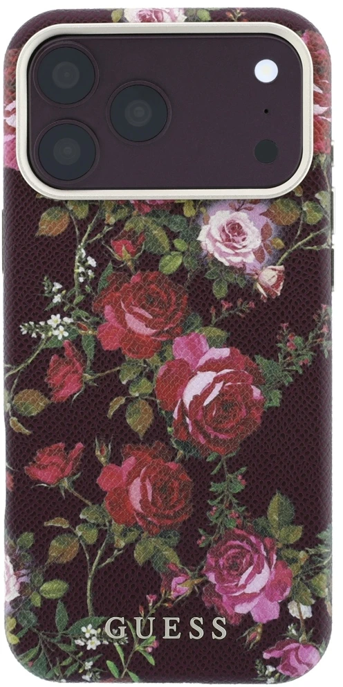 Dėklas Guess Blossom Roses Print MagSafe do iPhone 18 Pro Max / 17 Pro Max bordo spalvos