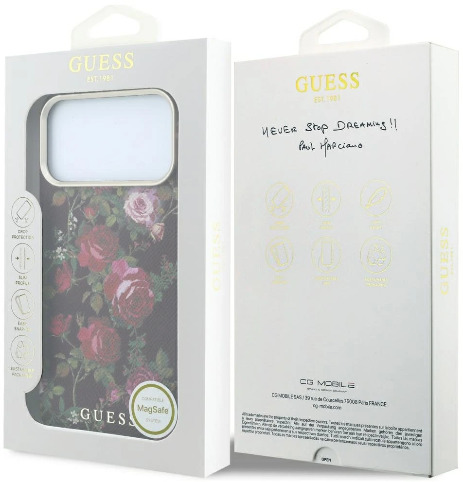 Dėklas Guess Blossom Roses Print MagSafe do iPhone 18 Pro Max / 17 Pro Max bordo spalvos