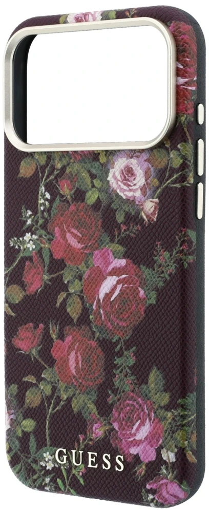 Dėklas Guess Blossom Roses Print MagSafe do iPhone 18 Pro Max / 17 Pro Max bordo spalvos