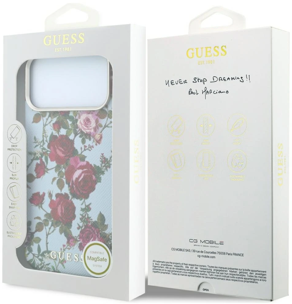 Dėklas Guess Blossom Roses Print MagSafe do iPhone 18 Pro Max / 17 Pro Max mėlyna