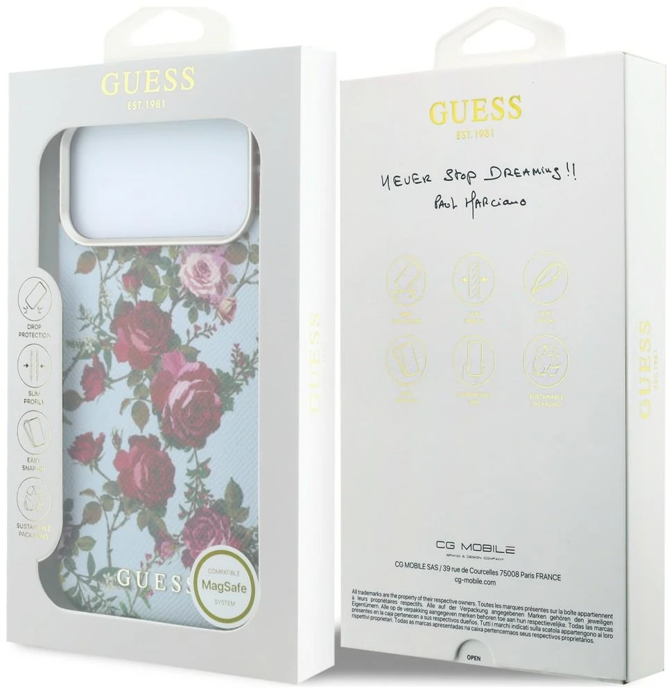 Dėklas Guess Blossom Roses Print MagSafe do iPhone 18 Pro / 17 Pro mėlyna