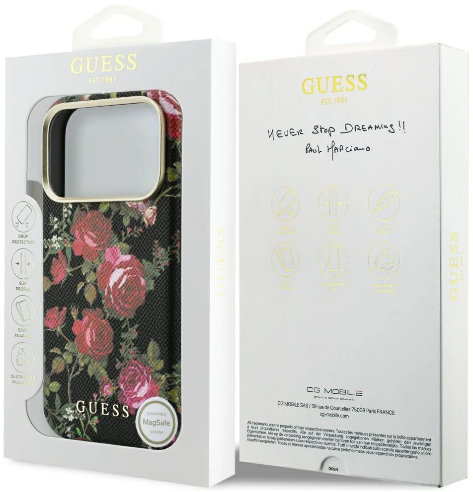 Dėklas Guess Blossom Roses Print MagSafe do iPhone 18 Pro Max / 17 Pro Max juoda
