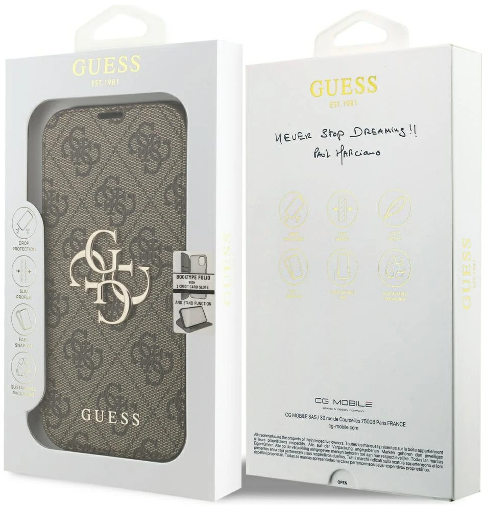 Dėklas Guess Book 4G Metal Logo do iPhone 18 Pro / 17 Pro ruda