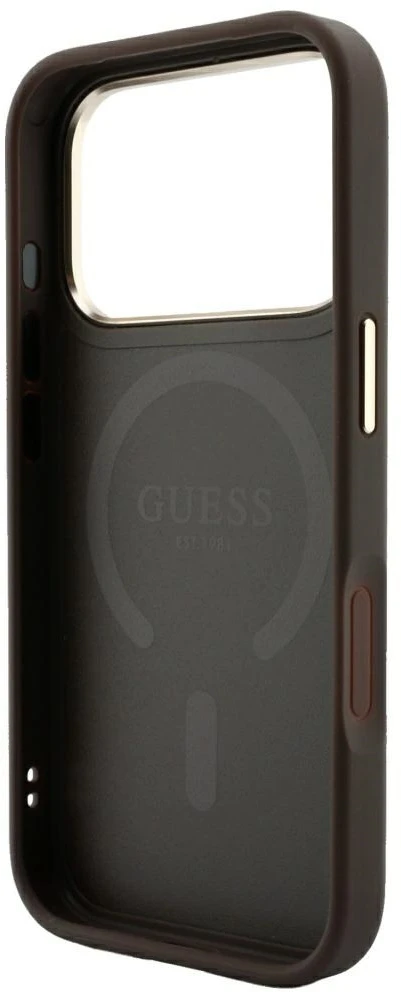 Guess Embossed 4G Classic MagSafe dėklas skirtas iPhone 18 Pro / iPhone 17 Pro ruda