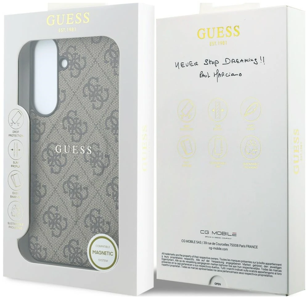 Dėklas Guess Embossed 4G Ring Classic Logo MagSafe do Samsung Galaxy S26 FE ruda