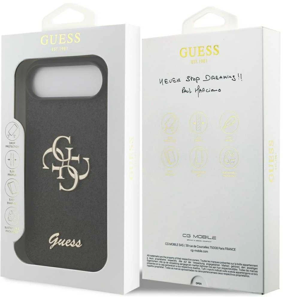 Guess PU Fixed Glitter 4G Metal Logo dėklas skirtas Apple iPhone 17 Air juodos spalvos