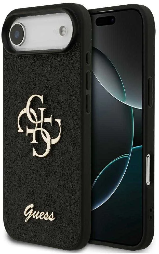 Guess PU Fixed Glitter 4G Metal Logo dėklas skirtas Apple iPhone 17 Air juodos spalvos