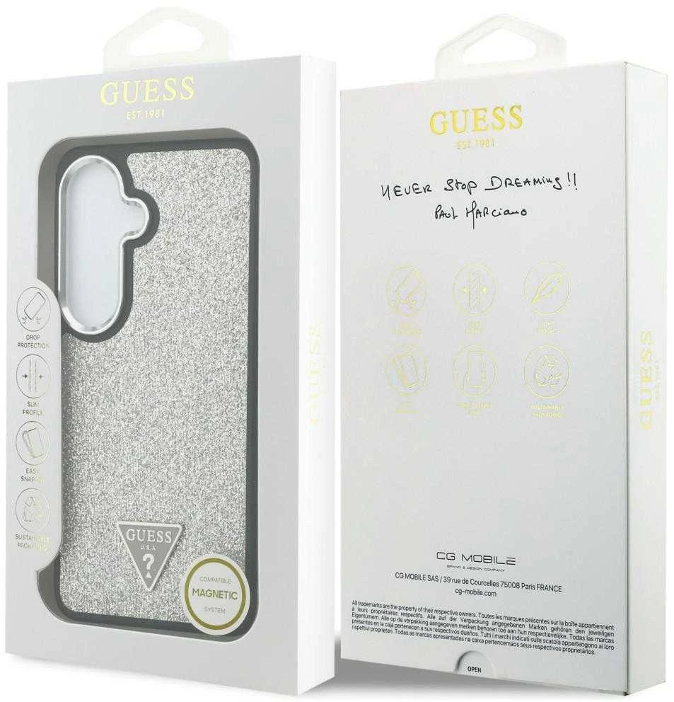 Dėklas Guess Fixed Glitter Triangle MagSafe Samsung Galaxy S26 sidabrinis