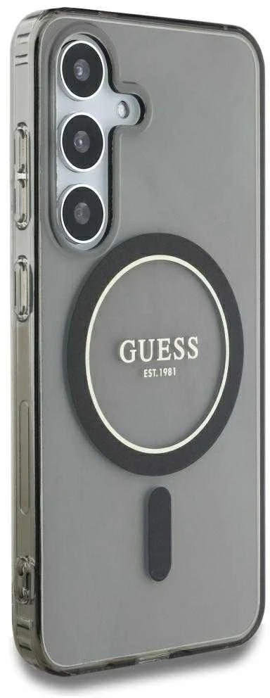 Dėklas Guess Glitter Circle Classic Logo MagSafe Samsung Galaxy S25 juodos spalvos
