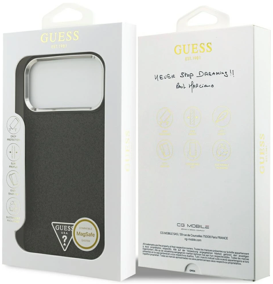 Dėklas Guess Glitter Triangle Logo MagSafe Case for iPhone 17 Pro Max / 18 Pro Max - Juodas