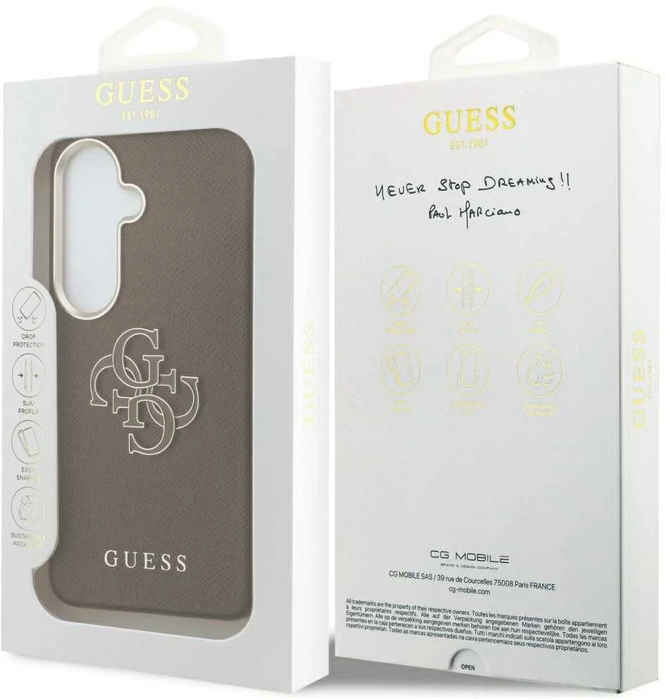 Guess PU 4G Resin Metal Logo dėklas skirtas Samsung Galaxy S26 Brown