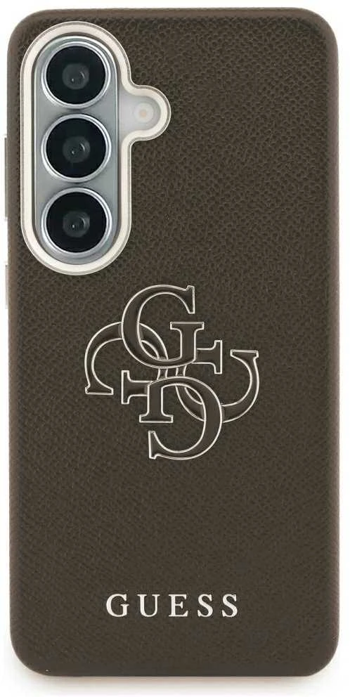 Guess PU 4G Resin Metal Logo dėklas skirtas Samsung Galaxy S26 Brown