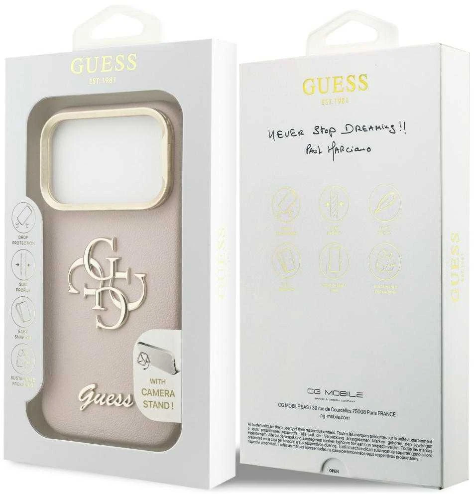 Guess PU Grained 4G Logo Stand Camera Frame dėklas skirtas Apple iPhone 17 Pro rožinės spalvos