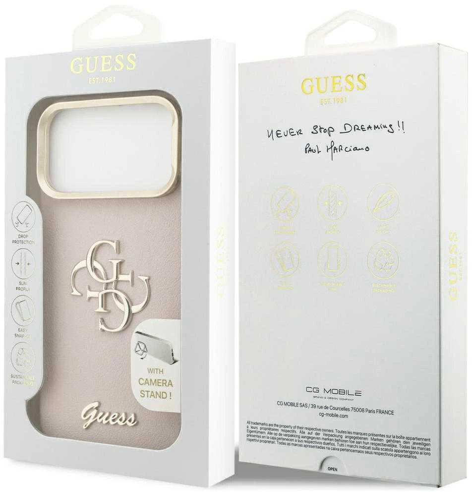 Guess PU Grained 4G Logo Stand Camera Frame dėklas skirtas Apple iPhone 17 Pro Max rožinės spalvos