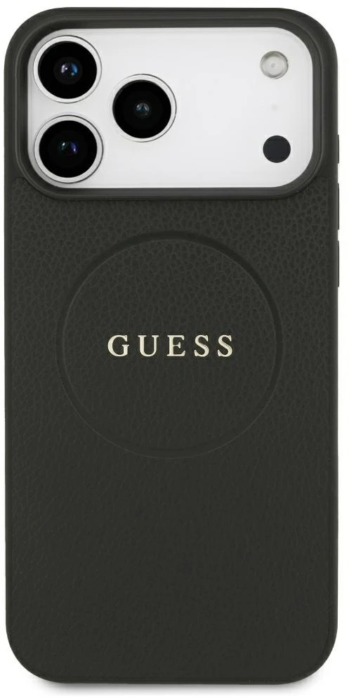 Dėklas Guess Grained Gold Ring MagSafe do iPhone 18 Pro Max / 17 Pro Max juoda