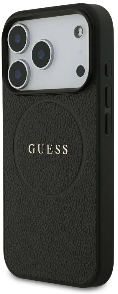 Dėklas Guess Grained Gold Ring MagSafe do iPhone 18 Pro / 17 Pro juoda