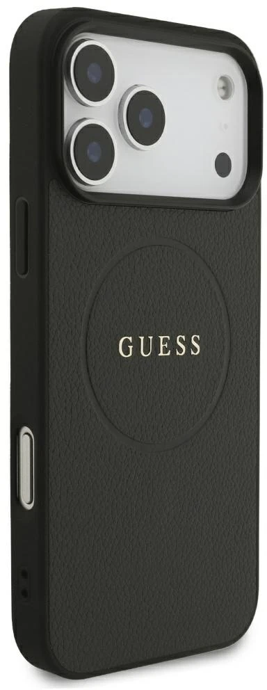 Dėklas Guess Grained Gold Ring MagSafe do iPhone 18 Pro Max / 17 Pro Max juoda