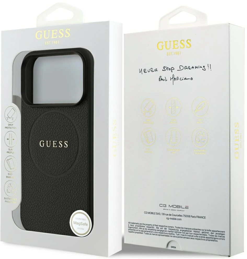 Dėklas Guess Grained Gold Ring MagSafe do iPhone 18 Pro / 17 Pro juoda