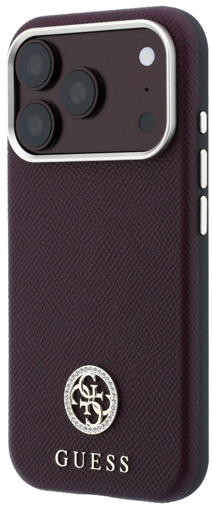 Dėklas Guess Grained Round Strass Logo MagSafe do iPhone 18 Pro Max / 17 Pro Max bordo spalvos