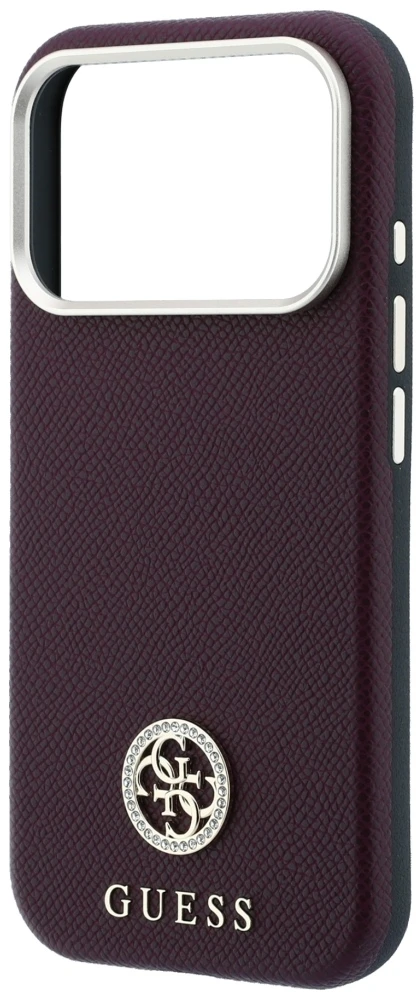 Dėklas Guess Grained Round Strass Logo MagSafe do iPhone 18 Pro Max / 17 Pro Max bordo spalvos