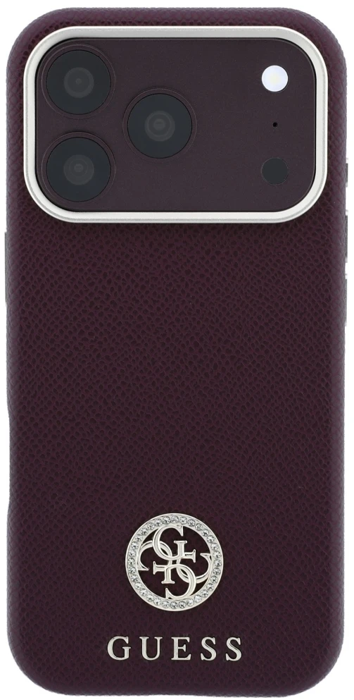 Dėklas Guess Grained Round Strass Logo MagSafe do iPhone 18 Pro Max / 17 Pro Max bordo spalvos
