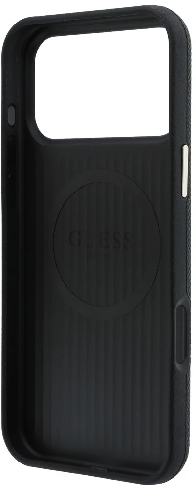 Guess Grained Round Strass Logo MagSafe dėklas, skirtas iPhone 18 Pro Max / 17 Pro Max, juodas