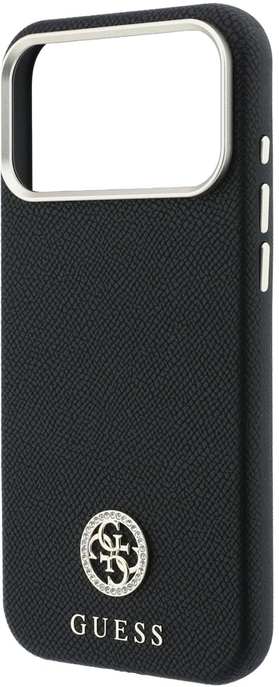 Guess Grained Round Strass Logo MagSafe dėklas, skirtas iPhone 18 Pro Max / 17 Pro Max, juodas