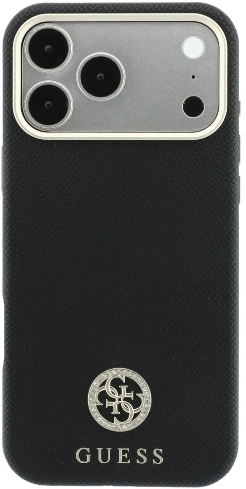 Guess Grained Round Strass Logo MagSafe dėklas, skirtas iPhone 18 Pro Max / 17 Pro Max, juodas