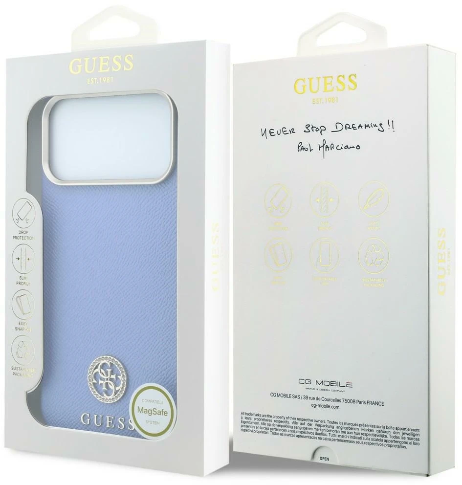 Dėklas Guess Grained Round Strass Logo MagSafe do iPhone 18 Pro / 17 Pro mėlyna