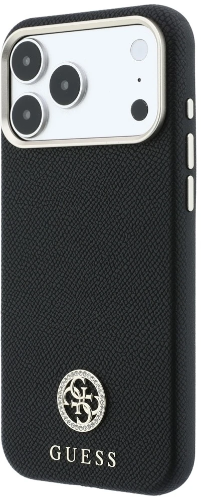 Guess Grained Round Strass Logo MagSafe dėklas, skirtas iPhone 18 Pro Max / 17 Pro Max, juodas