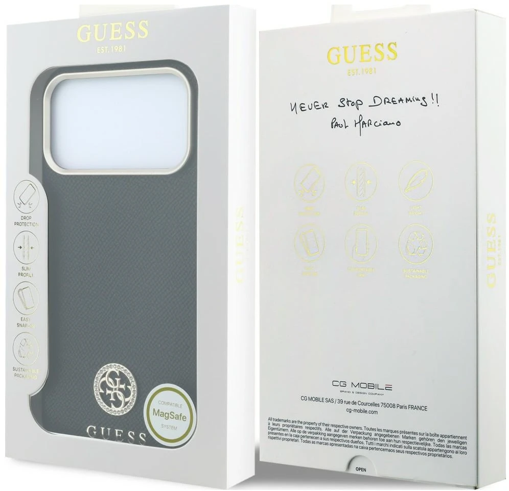Guess Grained Round Strass Logo MagSafe dėklas, skirtas iPhone 18 Pro Max / 17 Pro Max, juodas