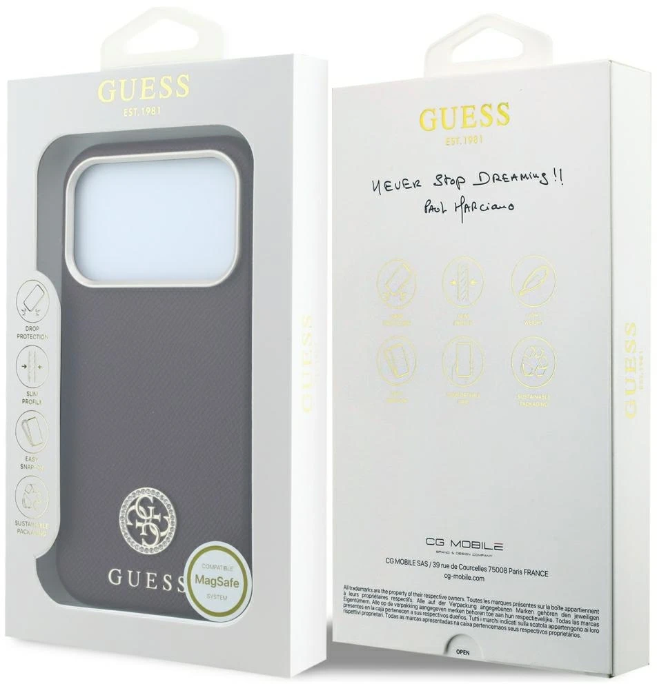 Dėklas Guess Grained Round Strass Logo MagSafe do iPhone 18 Pro Max / 17 Pro Max bordo spalvos