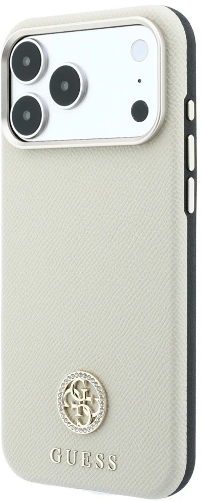 Dėklas Guess Grained Round Strass Logo MagSafe do iPhone 18 Pro / 17 Pro smėlio spalva