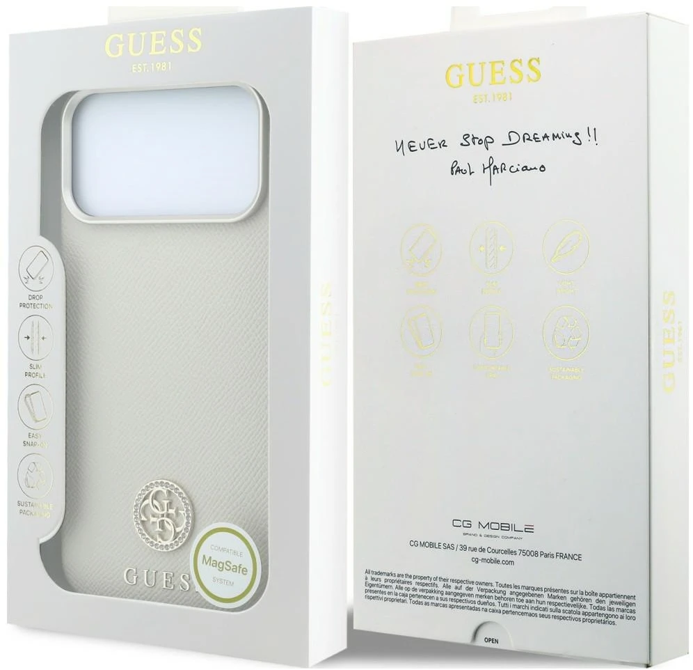 Dėklas Guess Grained Round Strass Logo MagSafe do iPhone 18 Pro / 17 Pro smėlio spalva