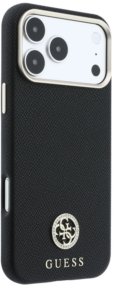 Guess Grained Round Strass Logo MagSafe dėklas, skirtas iPhone 18 Pro Max / 17 Pro Max, juodas