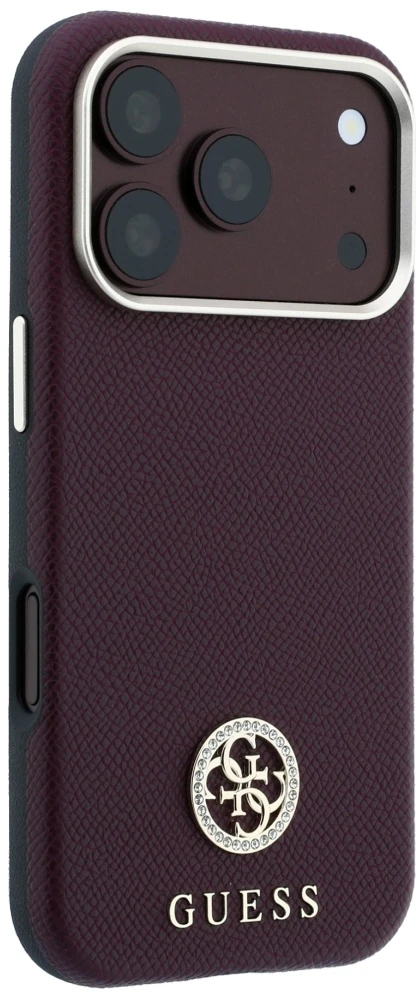 Dėklas Guess Grained Round Strass Logo MagSafe do iPhone 18 Pro Max / 17 Pro Max bordo spalvos