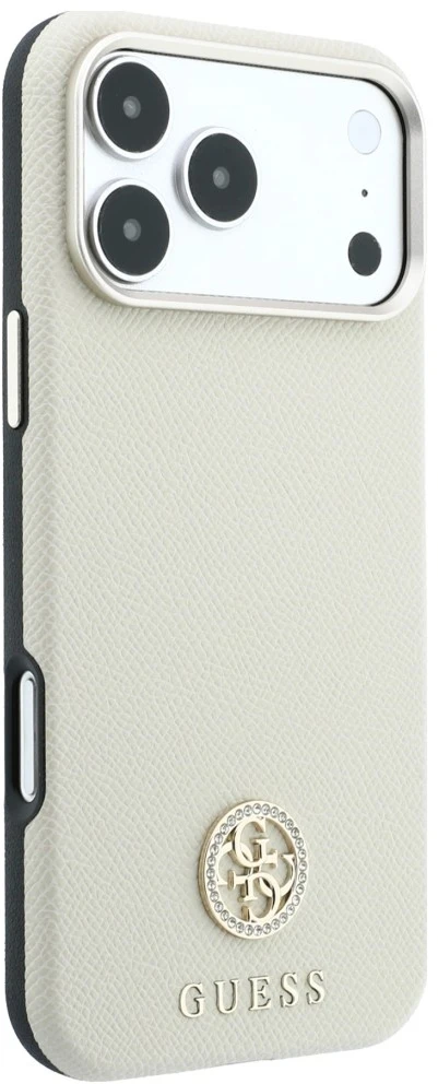 Dėklas Guess Grained Round Strass Logo MagSafe do iPhone 18 Pro / 17 Pro smėlio spalva