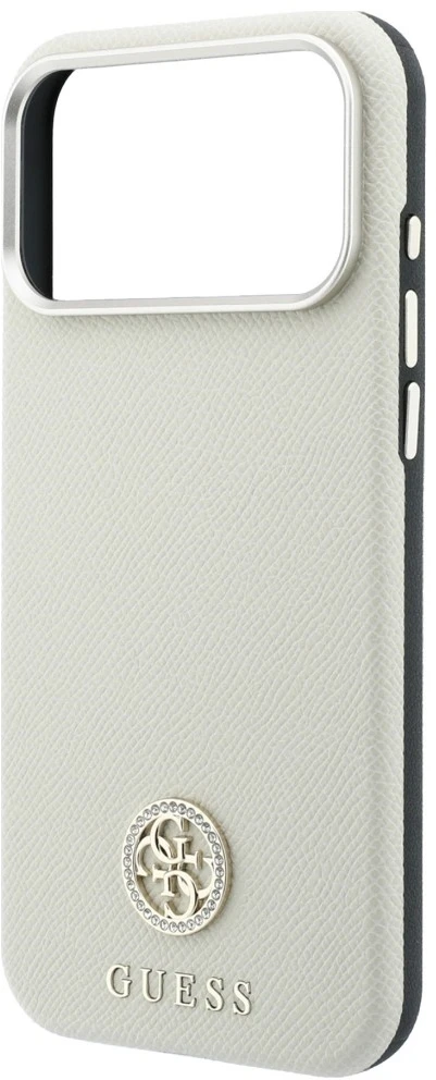 Dėklas Guess Grained Round Strass Logo MagSafe do iPhone 18 Pro / 17 Pro smėlio spalva