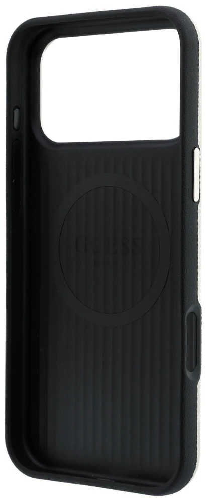 Dėklas Guess Grained Round Strass Logo MagSafe do iPhone 18 Pro / 17 Pro smėlio spalva