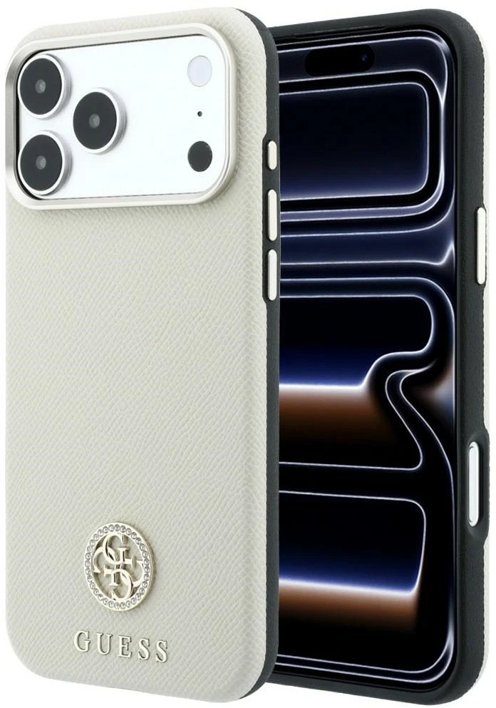 Dėklas Guess Grained Round Strass Logo MagSafe do iPhone 18 Pro / 17 Pro smėlio spalva