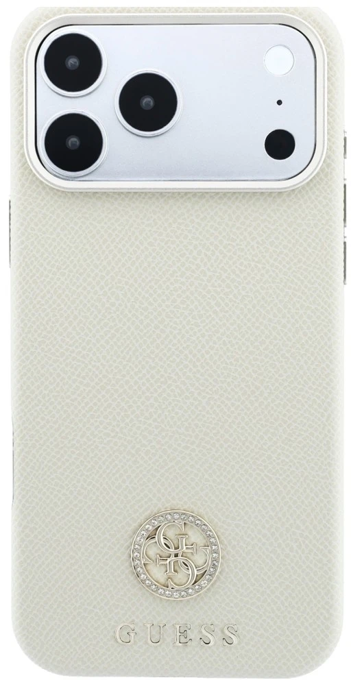Dėklas Guess Grained Round Strass Logo MagSafe do iPhone 18 Pro / 17 Pro smėlio spalva