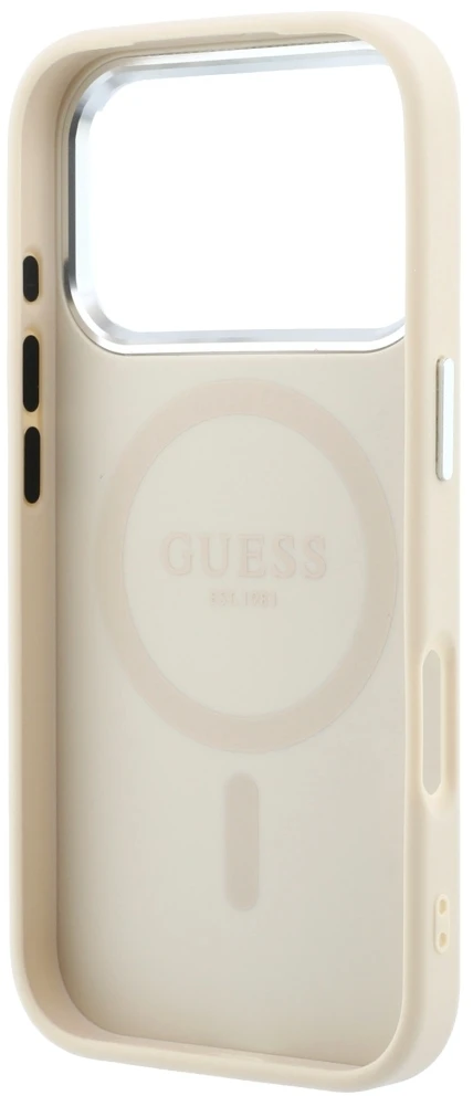 Dėklas Guess Grained Triangle Logo MagSafe do iPhone 18 Pro Max / 17 Pro Max smėlio spalva
