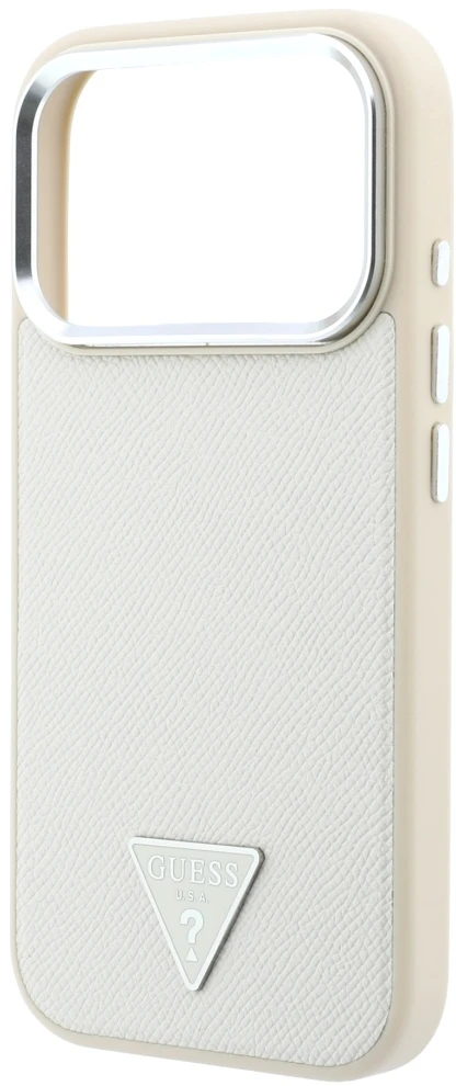 Dėklas Guess Grained Triangle Logo MagSafe, skirtas iPhone 18 Pro / 17 Pro, smėlio spalvos