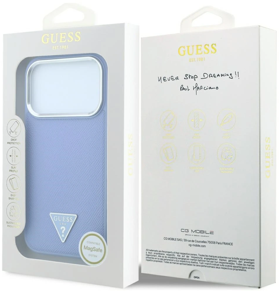Dėklas Guess Grained Triangle Logo MagSafe do iPhone 18 Pro / 17 Pro mėlyna