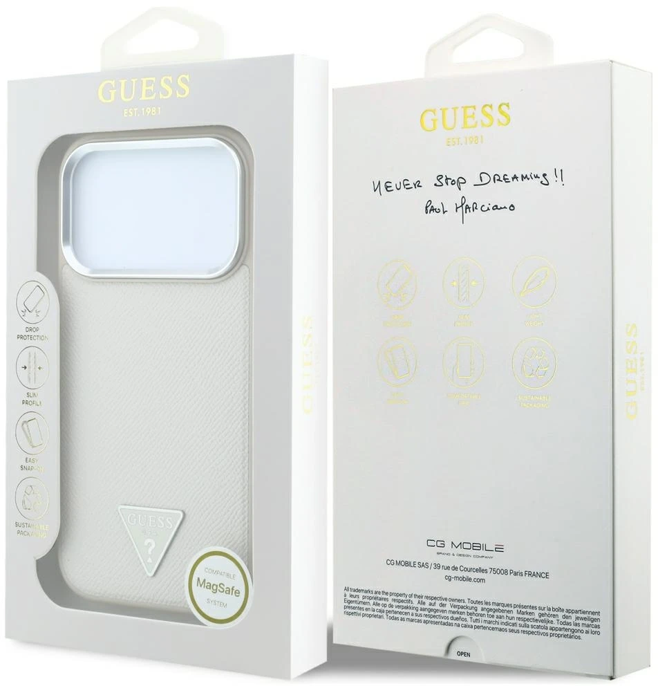 Dėklas Guess Grained Triangle Logo MagSafe do iPhone 18 Pro Max / 17 Pro Max smėlio spalva