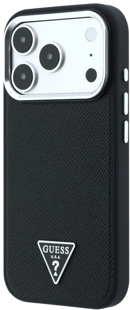 Dėklas Guess Grained Triangle Logo MagSafe do iPhone 18 Pro Max / 17 Pro Max juoda