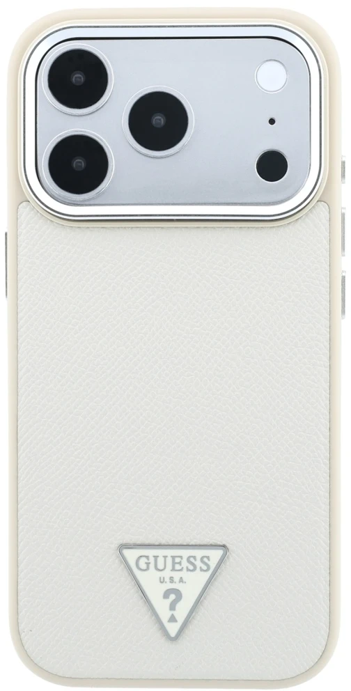 Dėklas Guess Grained Triangle Logo MagSafe, skirtas iPhone 18 Pro / 17 Pro, smėlio spalvos